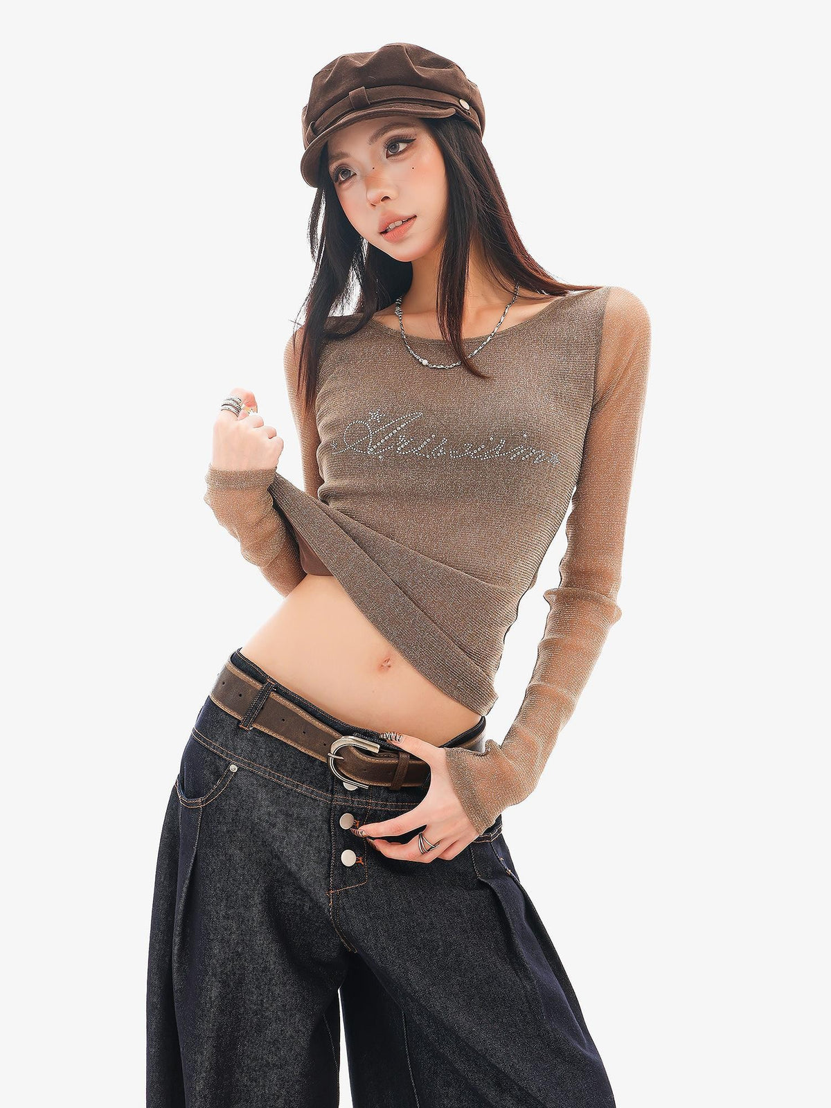 QIUQIU STUDIO Sheer Rhinestone Letter Print Round Neck Women&