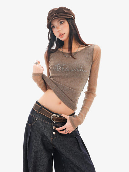 QIUQIU STUDIO Sheer Rhinestone Letter Print Round Neck Women&