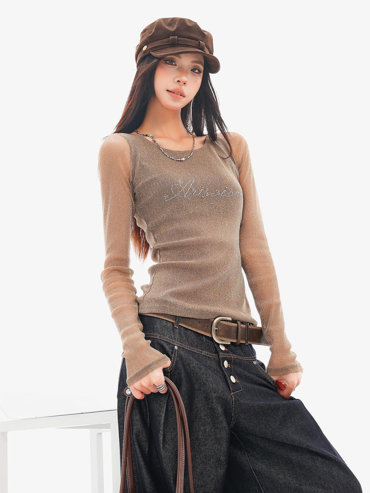 QIUQIU STUDIO Sheer Rhinestone Letter Print Round Neck Women&