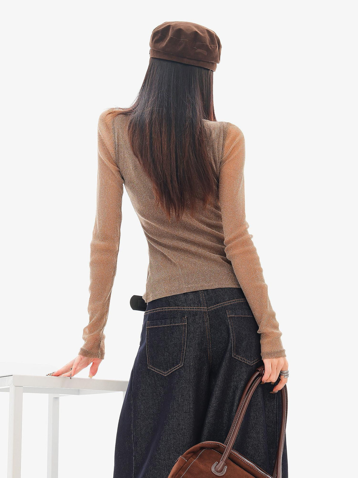 QIUQIU STUDIO Sheer Rhinestone Letter Print Round Neck Women&