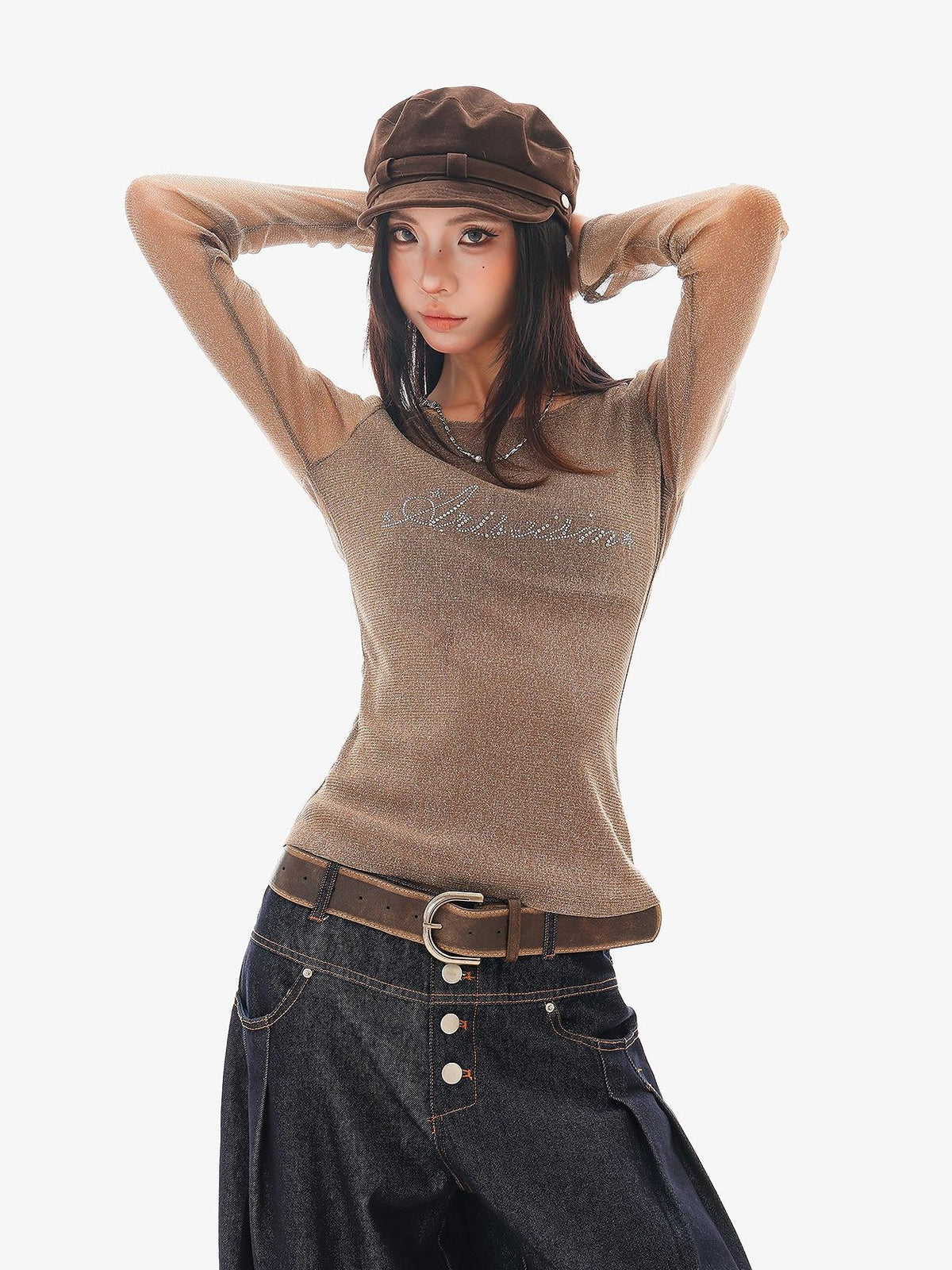 QIUQIU STUDIO Sheer Rhinestone Letter Print Round Neck Women&