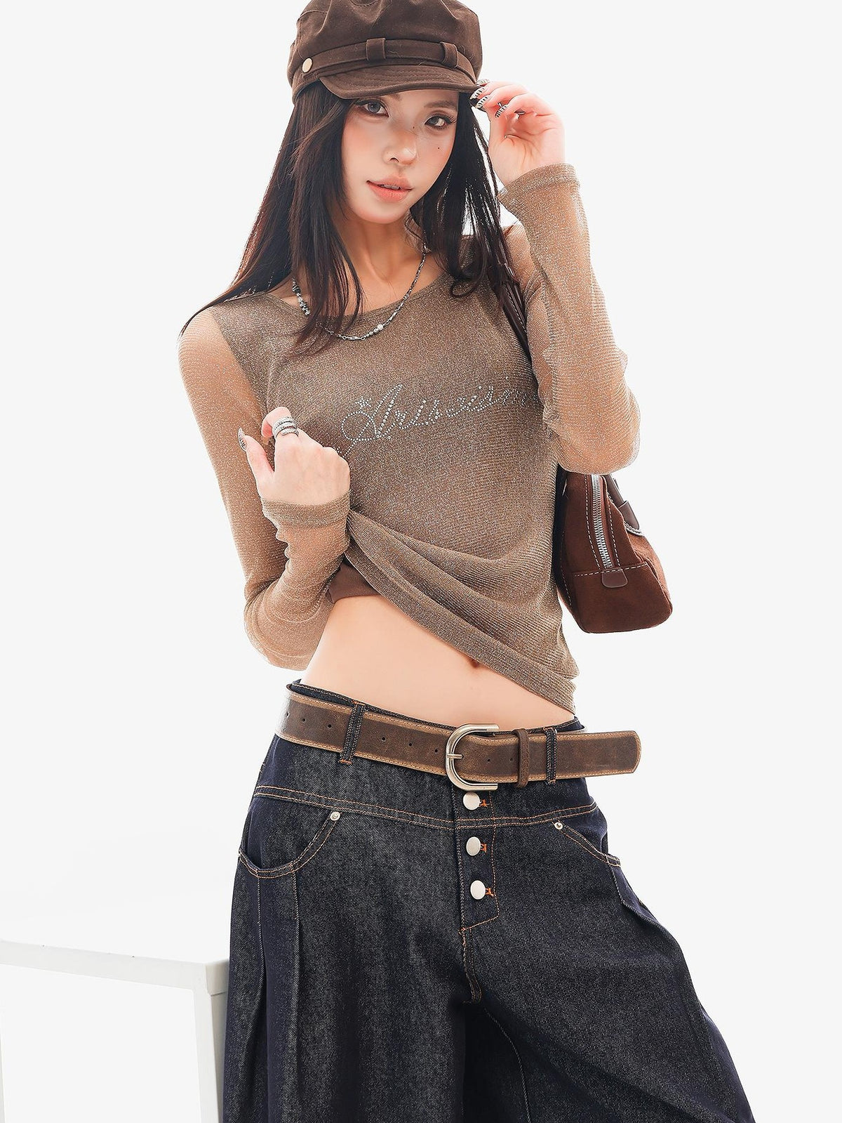 QIUQIU STUDIO Sheer Rhinestone Letter Print Round Neck Women&
