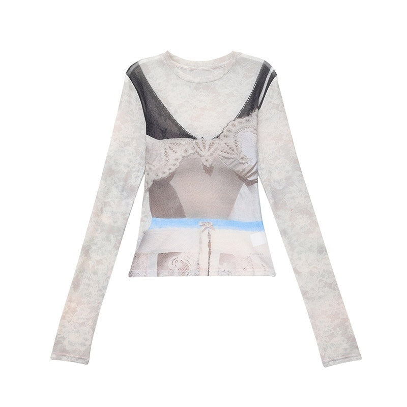 QIUQIU_STUDIO_Sheer_Round_Neck_Short_Sleeve_3d_Print_Waist_Cinch_Women&