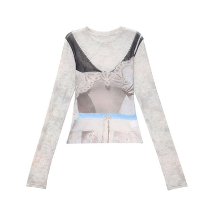 QIUQIU_STUDIO_Sheer_Round_Neck_Short_Sleeve_3d_Print_Waist_Cinch_Women&