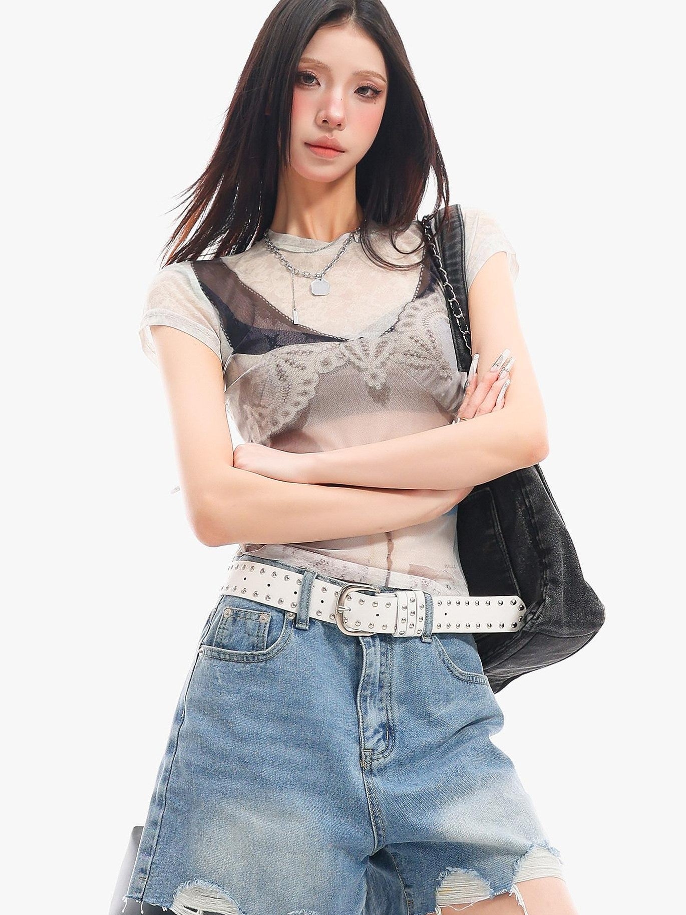 QIUQIU STUDIO Sheer Round Neck Short Sleeve 3d Print Waist Cinch Women&