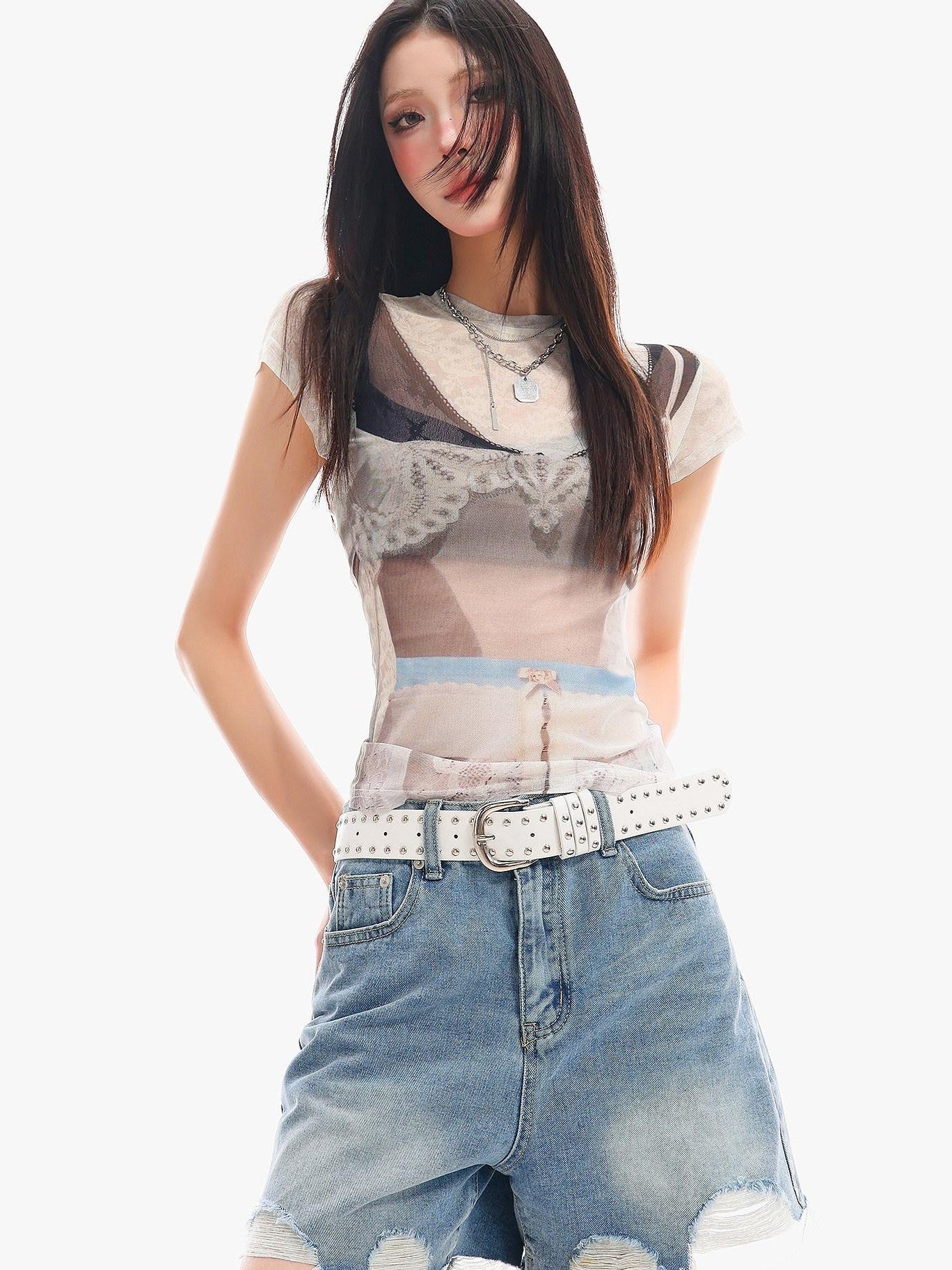 QIUQIU STUDIO Sheer Round Neck Short Sleeve 3d Print Waist Cinch Women&