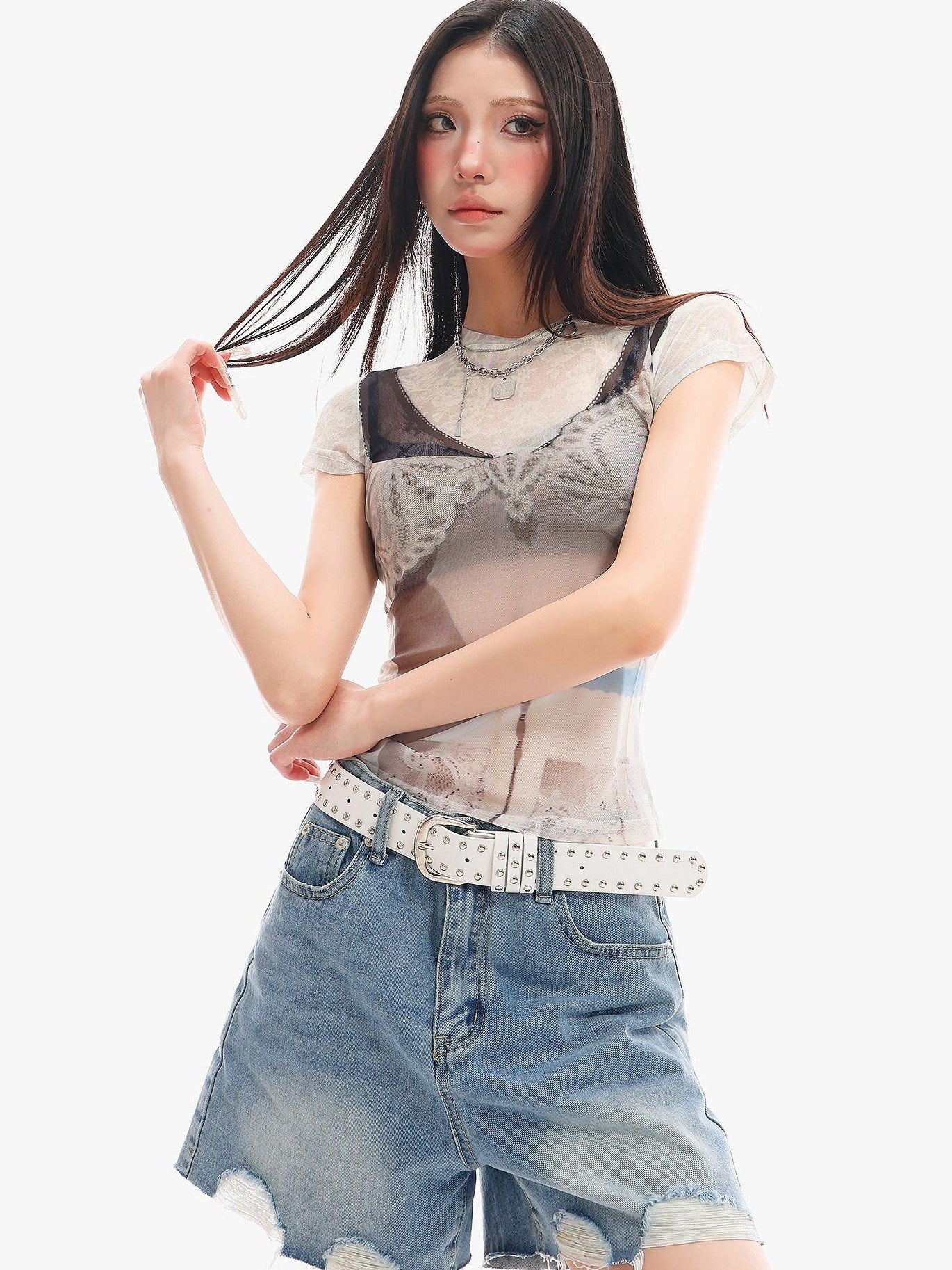 QIUQIU STUDIO Sheer Round Neck Short Sleeve 3d Print Waist Cinch Women&