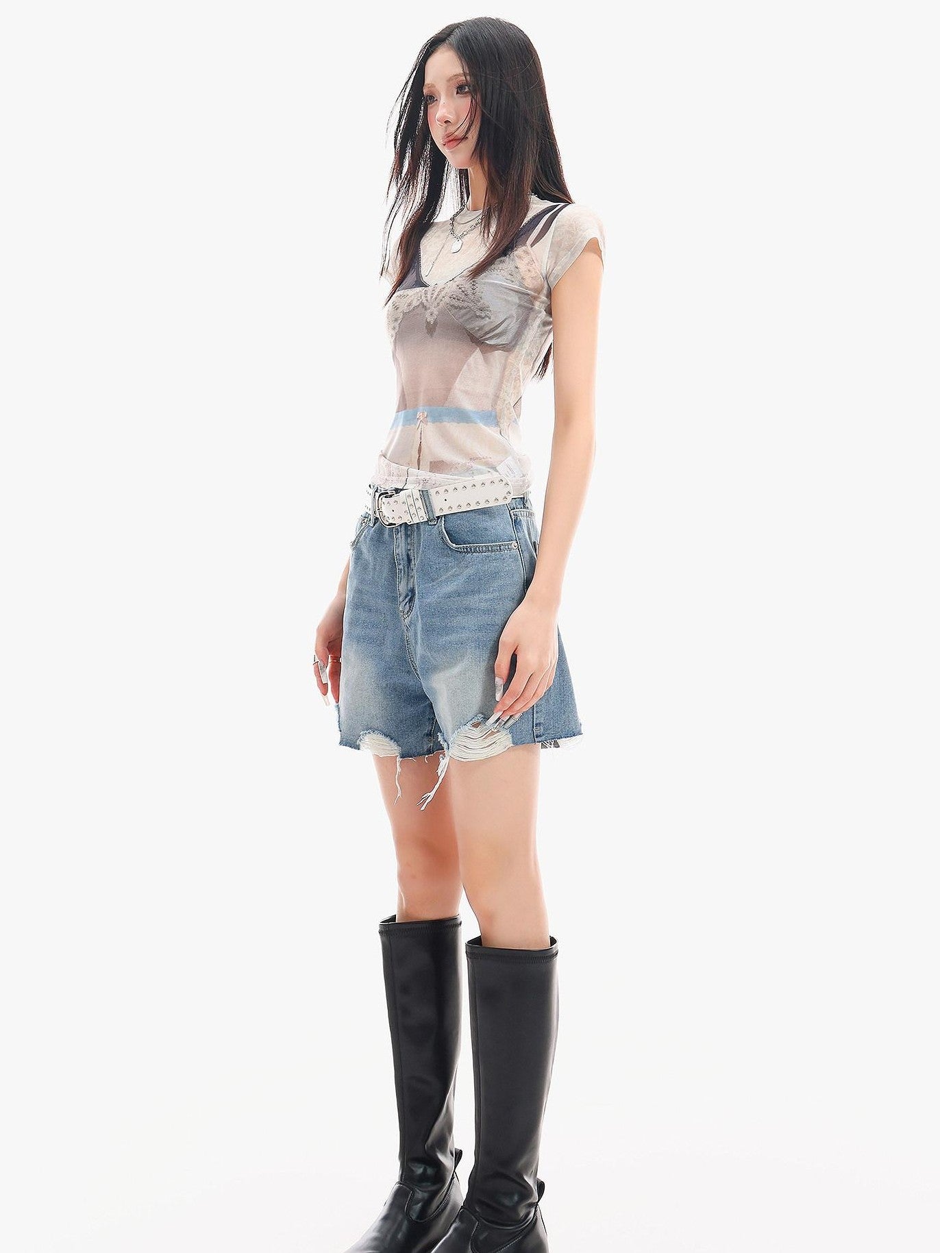 QIUQIU STUDIO Sheer Round Neck Short Sleeve 3d Print Waist Cinch Women&