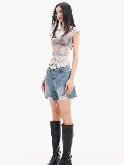 QIUQIU STUDIO Sheer Round Neck Short Sleeve 3d Print Waist Cinch Women&