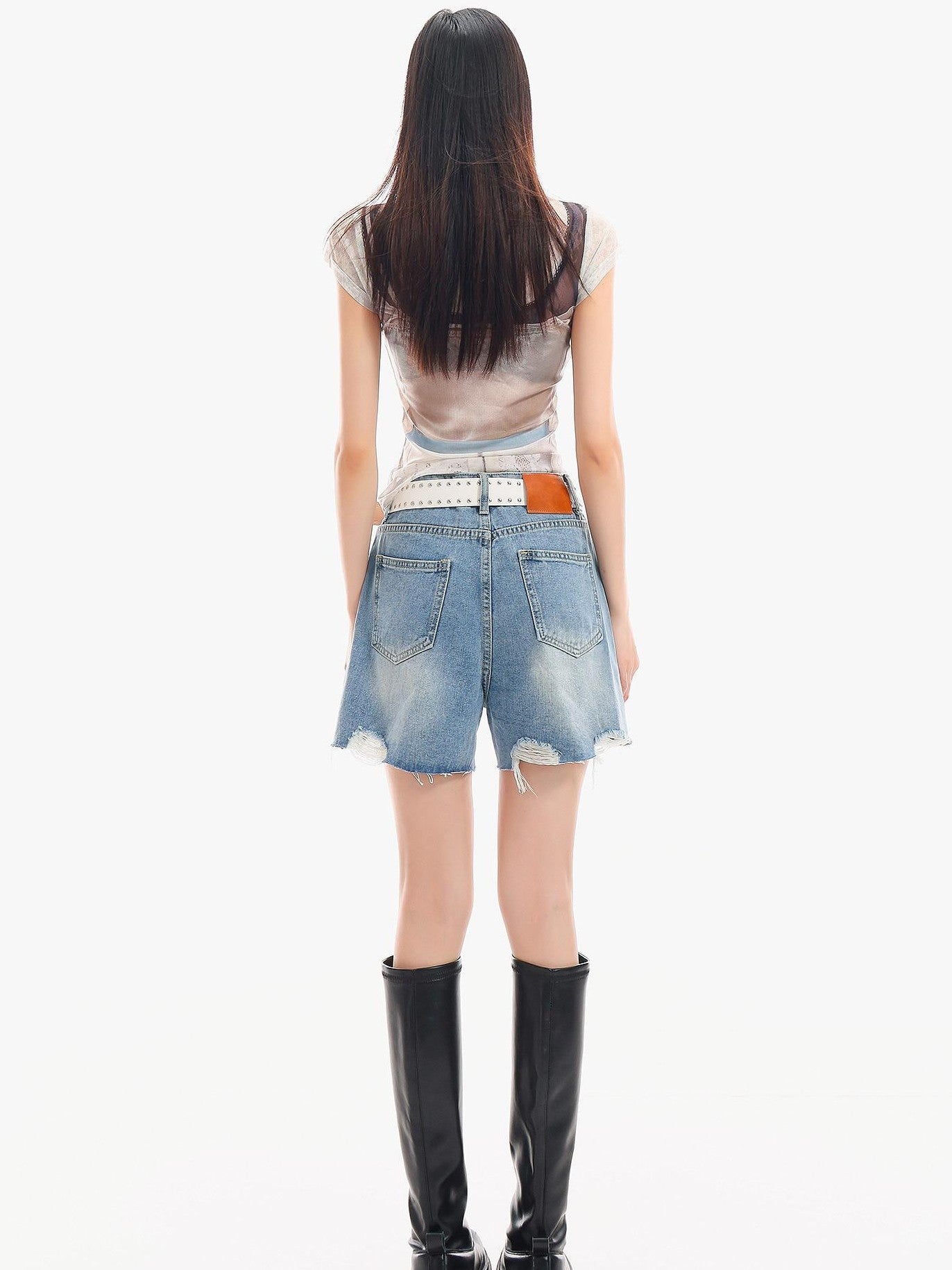 QIUQIU STUDIO Sheer Round Neck Short Sleeve 3d Print Waist Cinch Women&