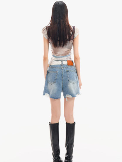 QIUQIU STUDIO Sheer Round Neck Short Sleeve 3d Print Waist Cinch Women&