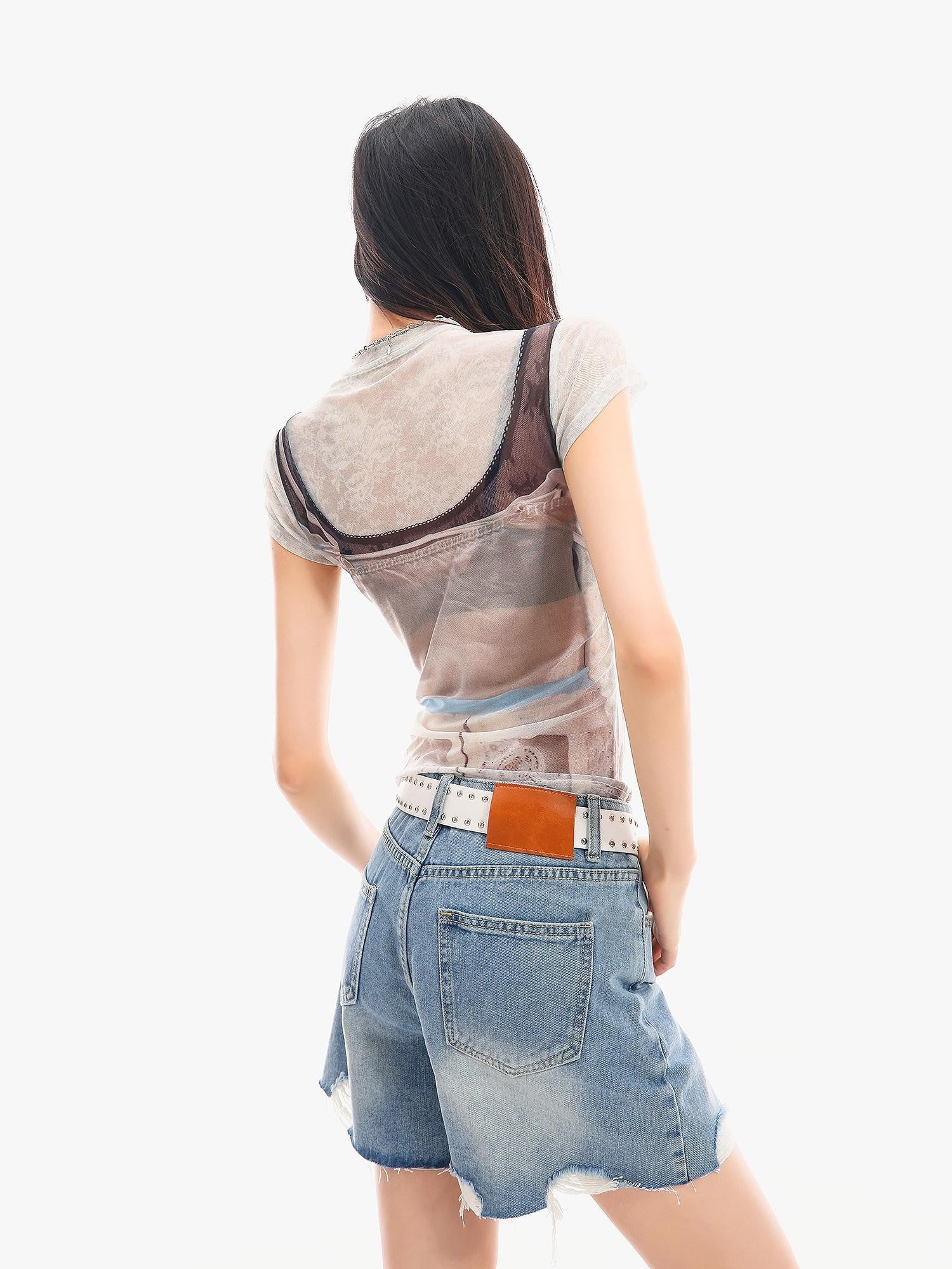 QIUQIU STUDIO Sheer Round Neck Short Sleeve 3d Print Waist Cinch Women&