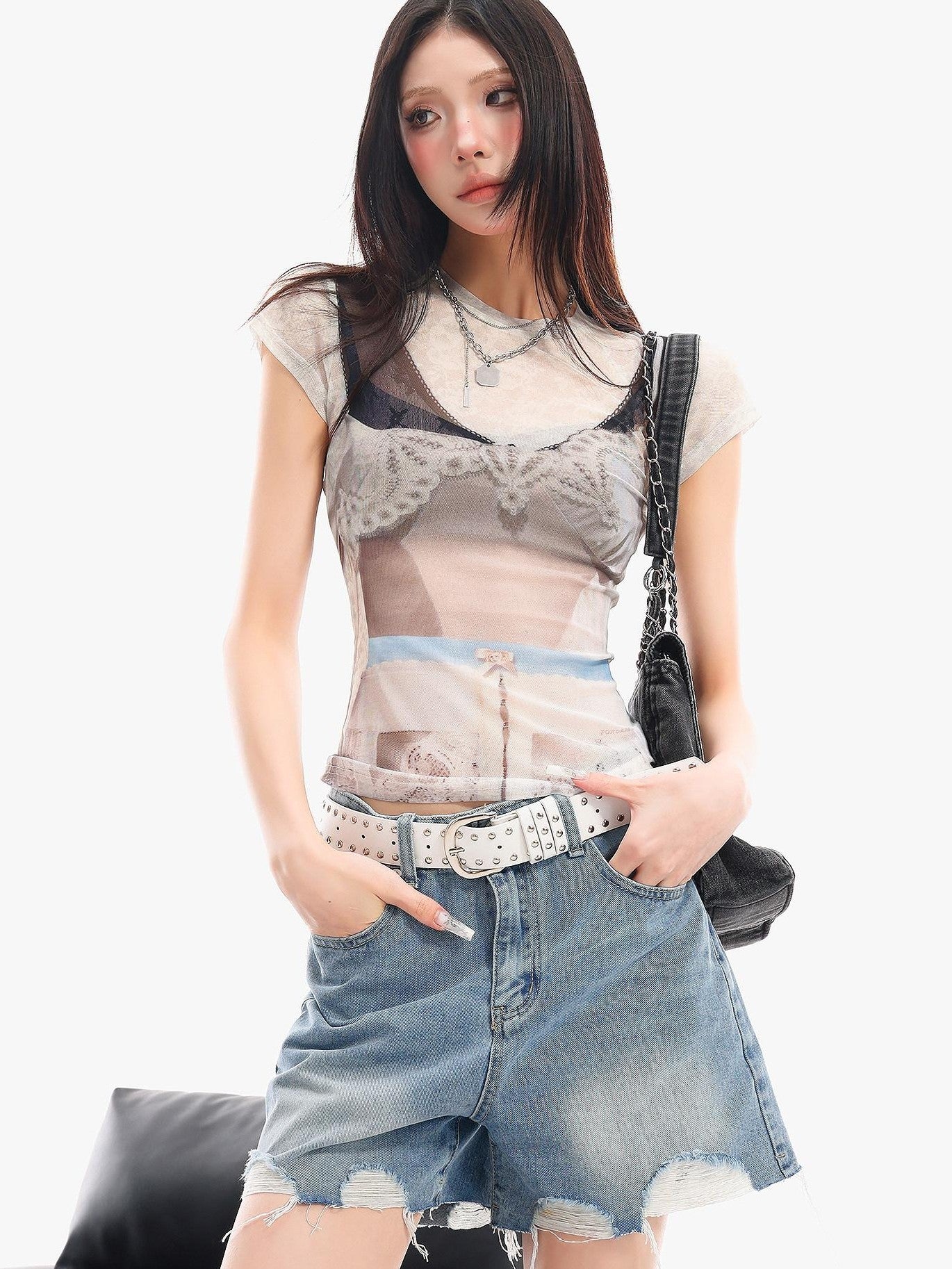 QIUQIU STUDIO Sheer Round Neck Short Sleeve 3d Print Waist Cinch Women&