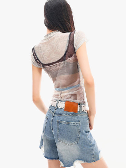 QIUQIU STUDIO Sheer Round Neck Short Sleeve 3d Print Waist Cinch Women&