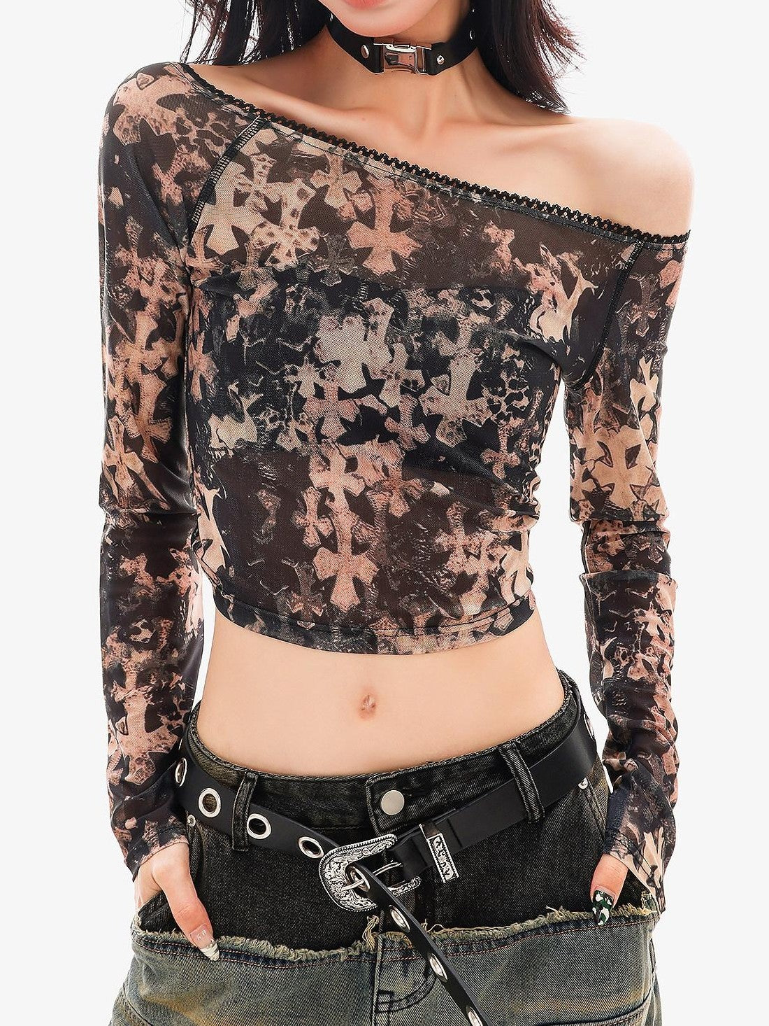 QIUQIU STUDIO Sheer Slanted Shoulder Cropped Slim Women&