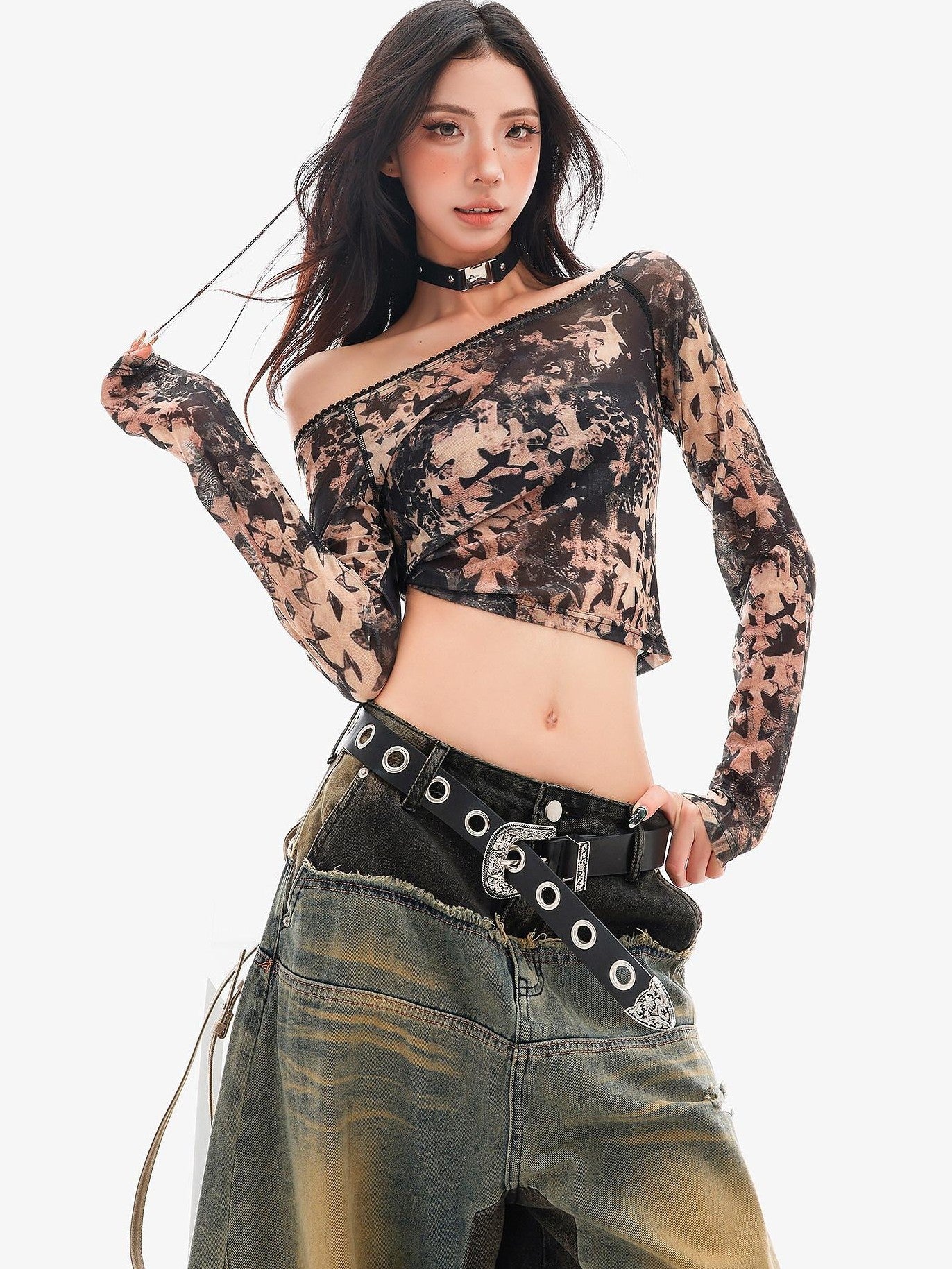 QIUQIU STUDIO Sheer Slanted Shoulder Cropped Slim Women&