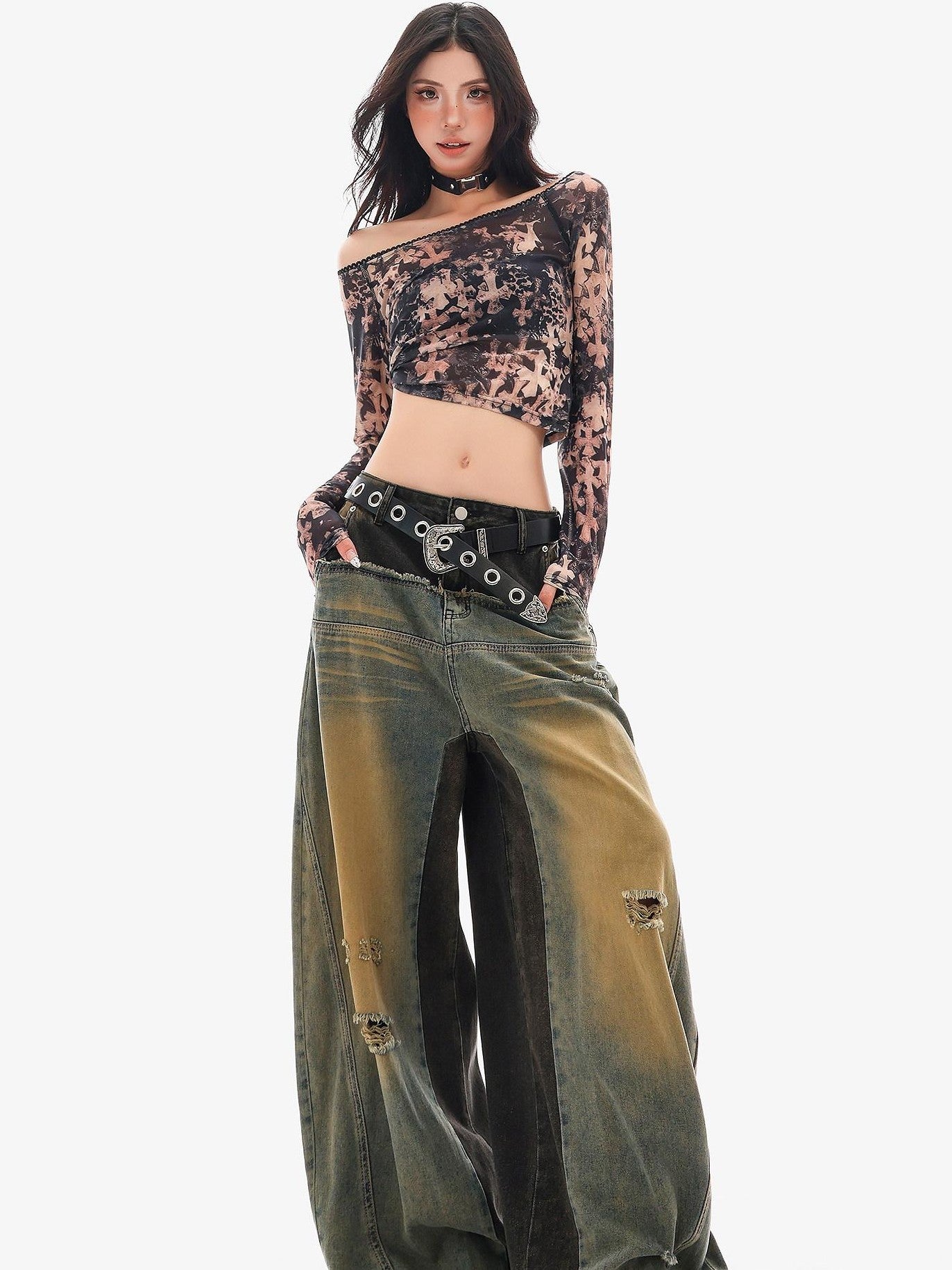 QIUQIU STUDIO Sheer Slanted Shoulder Cropped Slim Women&