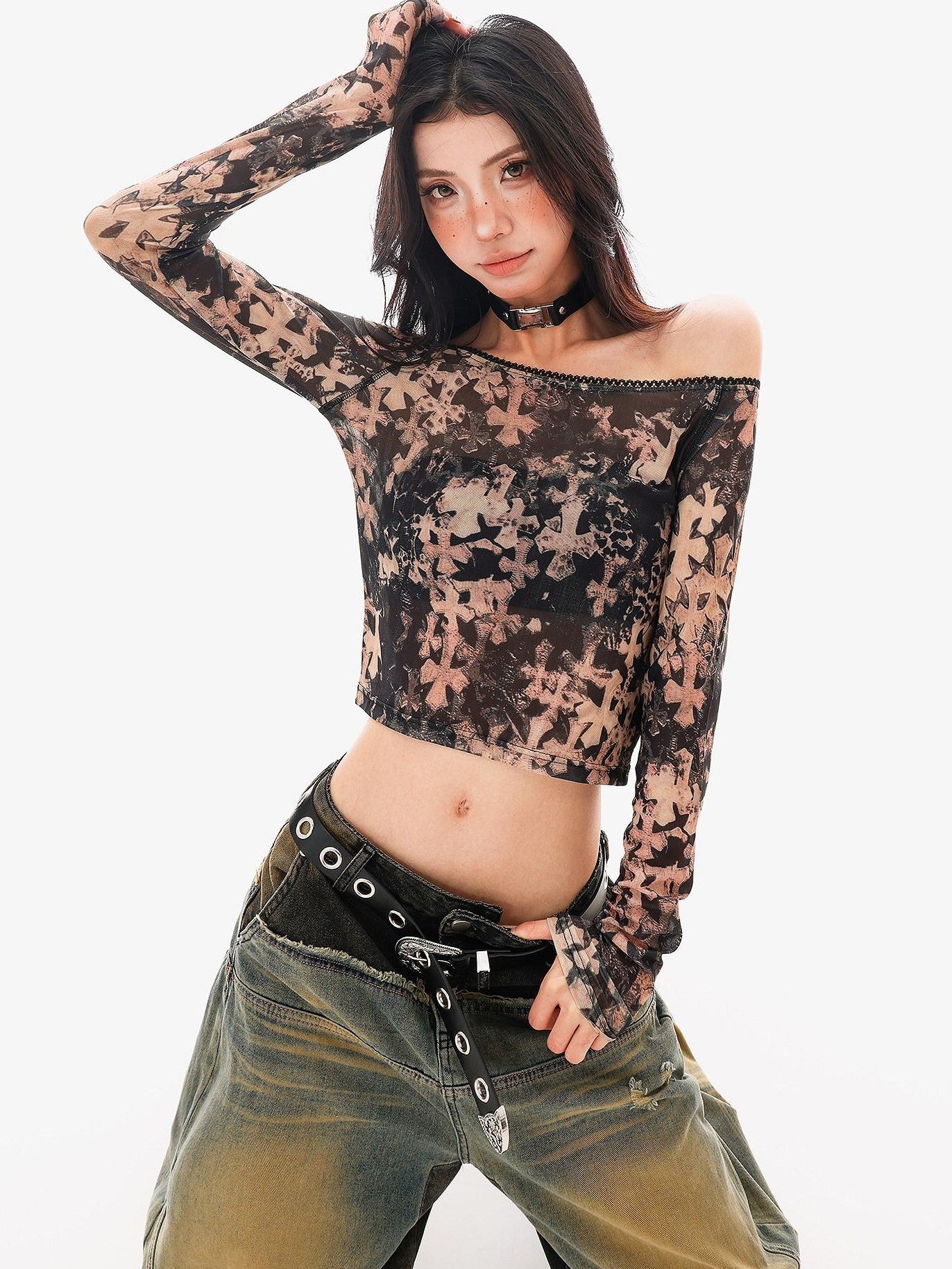 QIUQIU STUDIO Sheer Slanted Shoulder Cropped Slim Women&