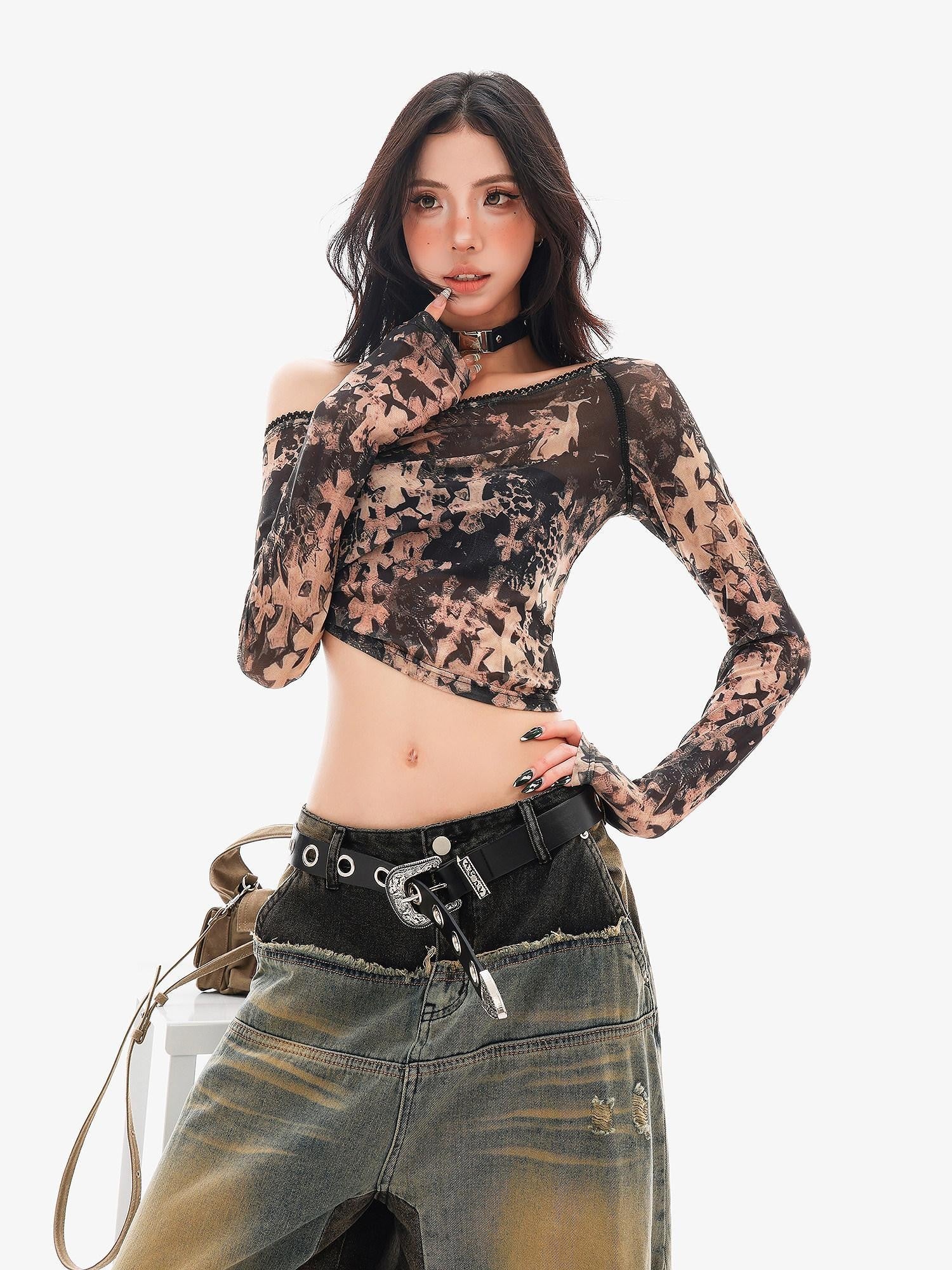 QIUQIU STUDIO Sheer Slanted Shoulder Cropped Slim Women&
