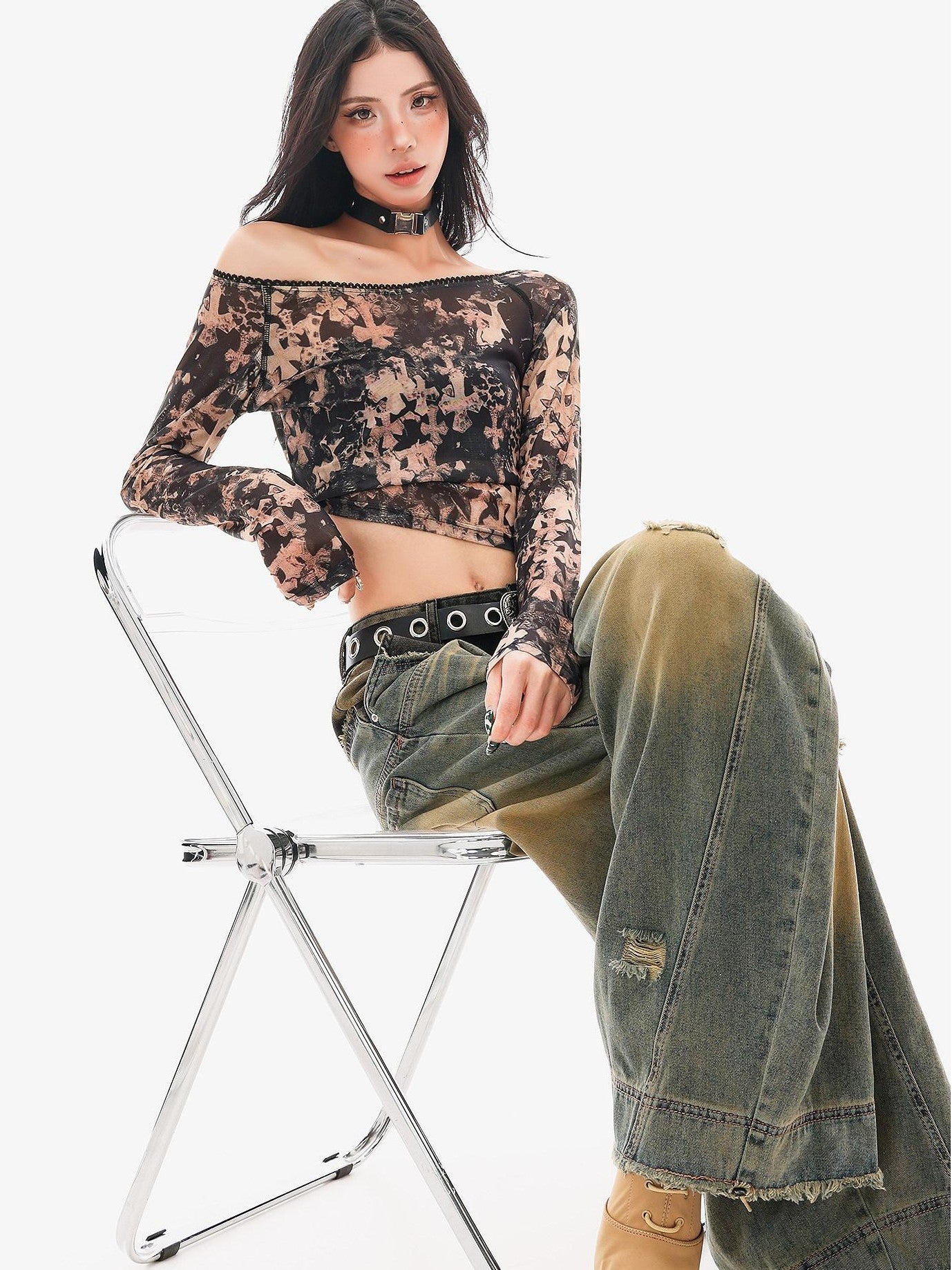 QIUQIU STUDIO Sheer Slanted Shoulder Cropped Slim Women&