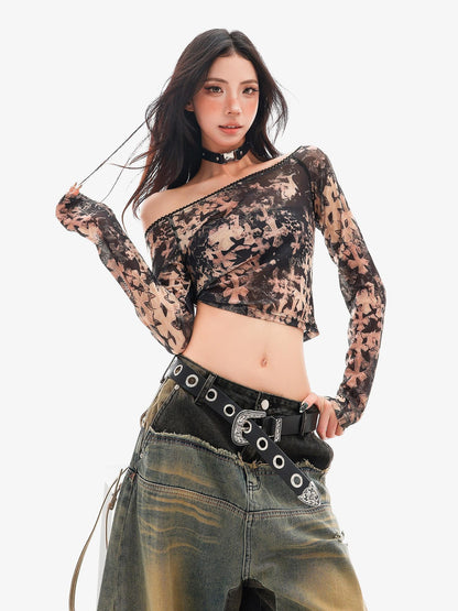 QIUQIU STUDIO Sheer Slanted Shoulder Cropped Slim Women&