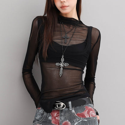QIUQIU_STUDIO_Sheer_Spliced_Mock_Neck_Slim_Fit_Women&