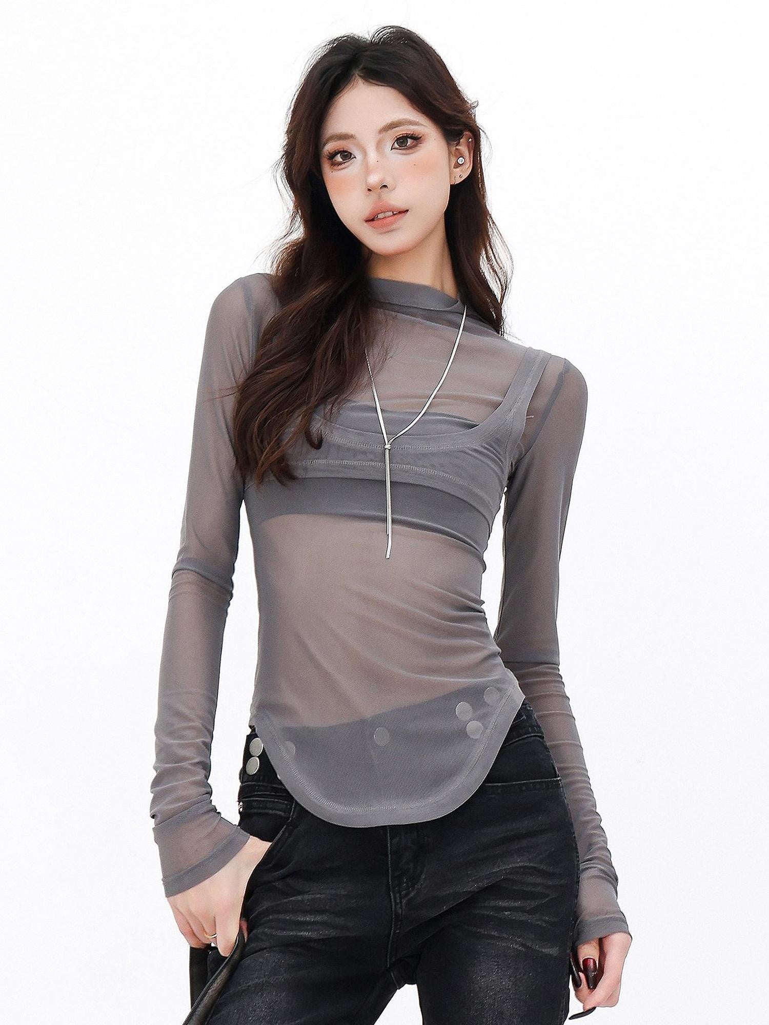 QIUQIU STUDIO Sheer Spliced Mock Neck Slim Fit Women&