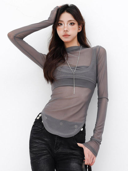 QIUQIU STUDIO Sheer Spliced Mock Neck Slim Fit Women&