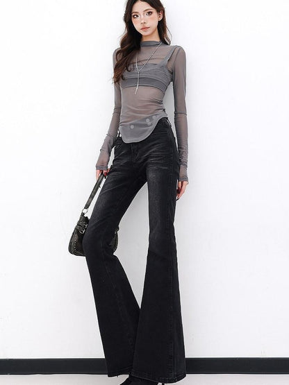 QIUQIU STUDIO Sheer Spliced Mock Neck Slim Fit Women&
