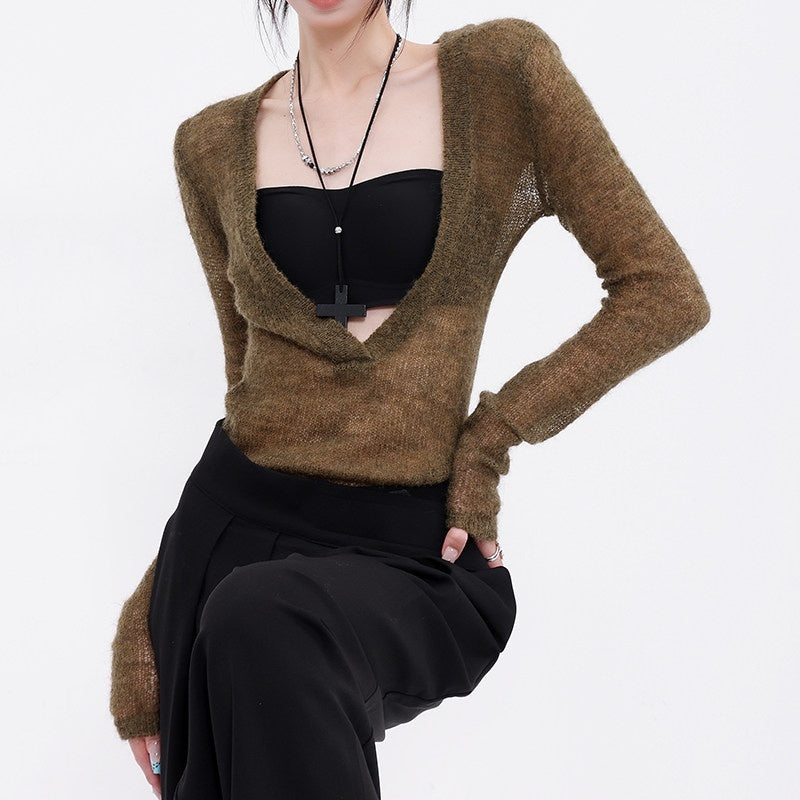 QIUQIU_STUDIO_Sheer_V-neck_Slim_Fit_Solid_Women&