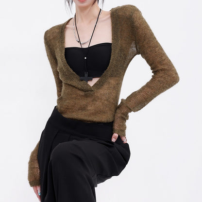QIUQIU_STUDIO_Sheer_V-neck_Slim_Fit_Solid_Women&