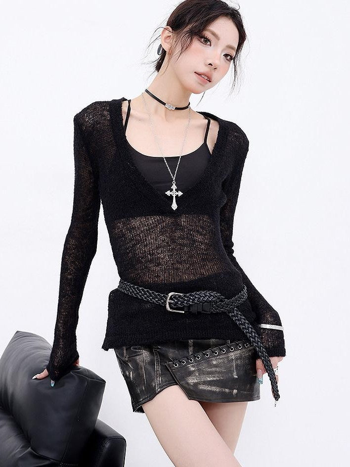 QIUQIU STUDIO Sheer V-neck Slim Fit Solid Women&