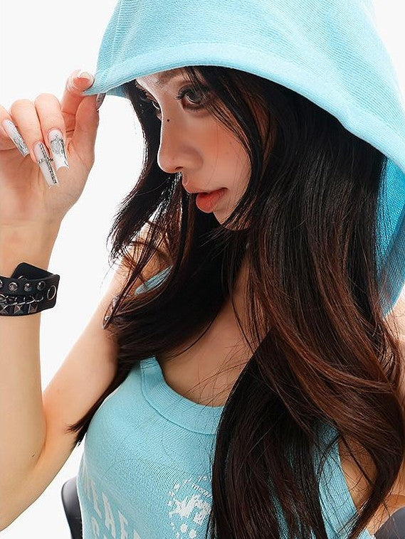 QIUQIU STUDIO Sky Blue Letter Print Backless Hooded Slim Waist Women&