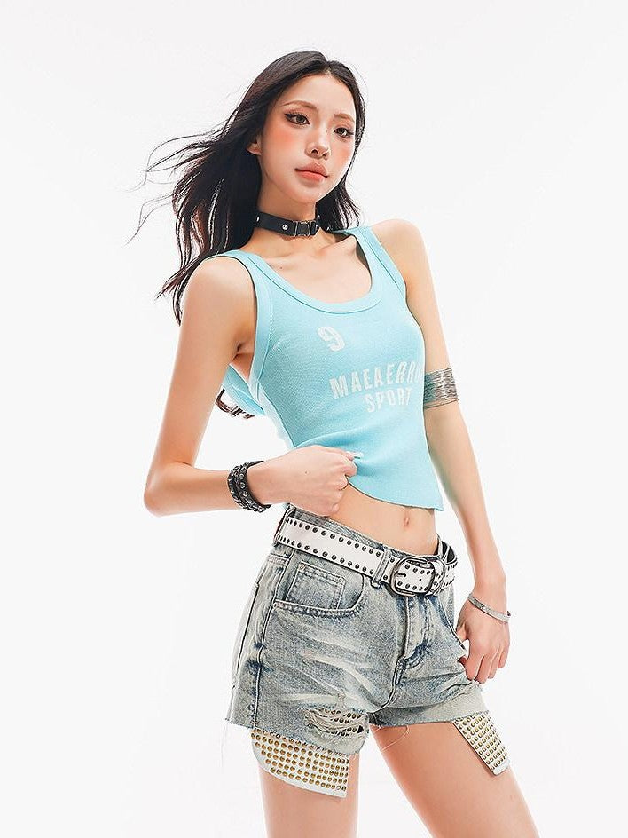QIUQIU STUDIO Sky Blue Letter Print Backless Hooded Slim Waist Women&