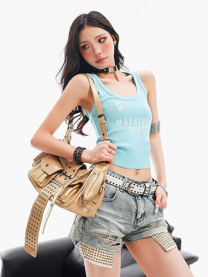 QIUQIU STUDIO Sky Blue Letter Print Backless Hooded Slim Waist Women&