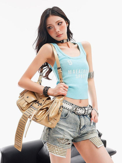 QIUQIU STUDIO Sky Blue Letter Print Backless Hooded Slim Waist Women&