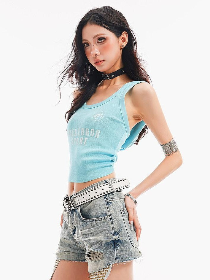 QIUQIU STUDIO Sky Blue Letter Print Backless Hooded Slim Waist Women&