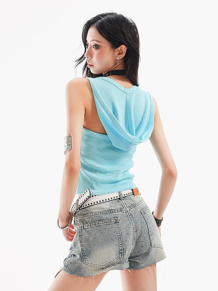 QIUQIU STUDIO Sky Blue Letter Print Backless Hooded Slim Waist Women&