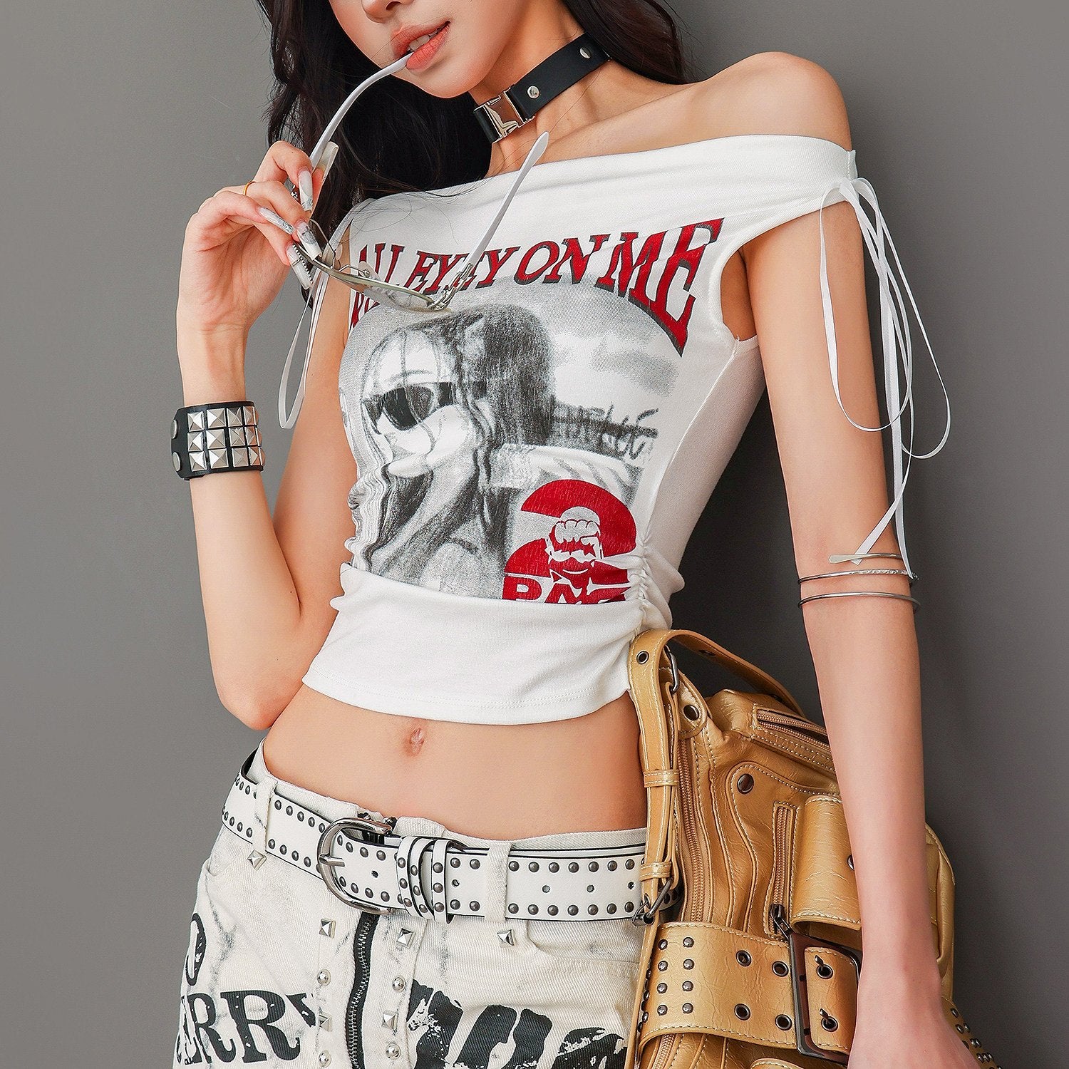 QIUQIU_STUDIO_Slim_Fit_Letter_Print_Tie_Strap_One_Shoulder_Women&