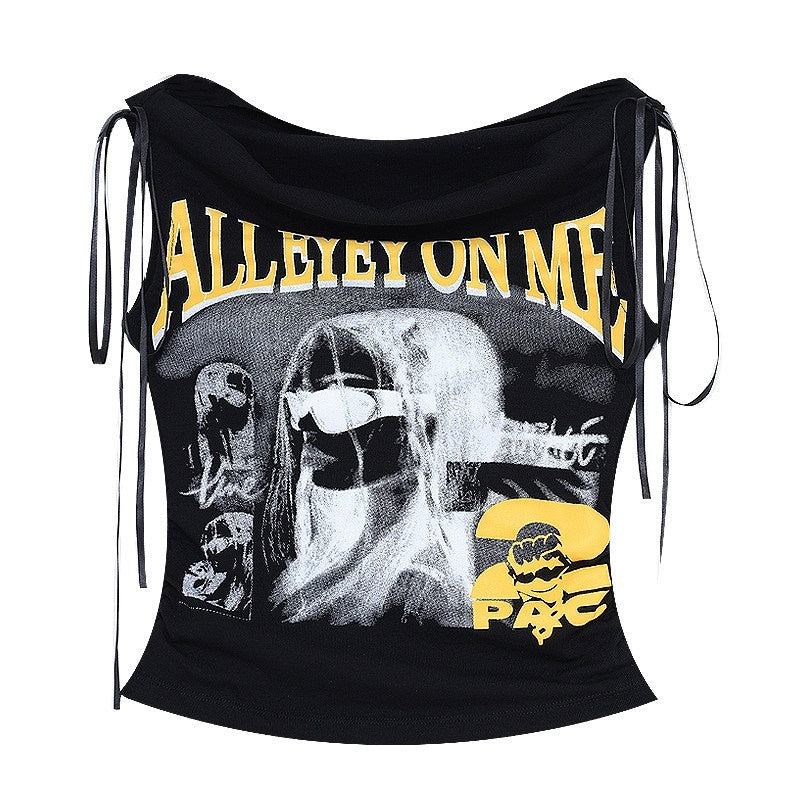 QIUQIU_STUDIO_Slim_Fit_Letter_Print_Tie_Strap_One_Shoulder_Women&