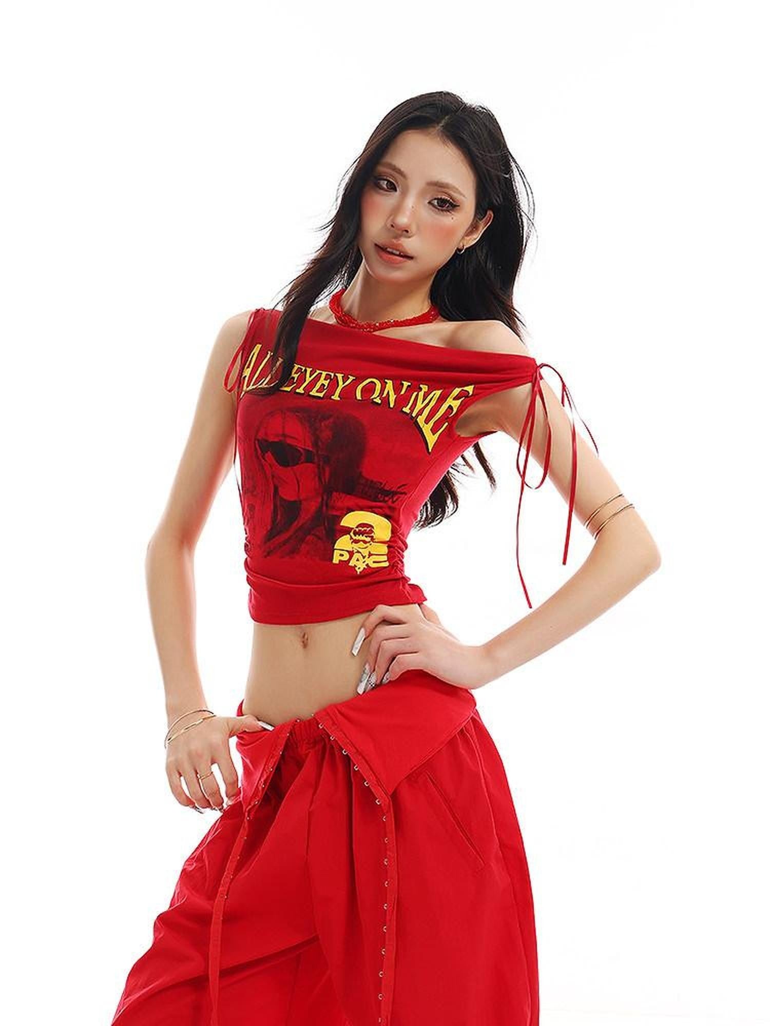 QIUQIU STUDIO Slim Fit Letter Print Tie Strap One Shoulder Women&