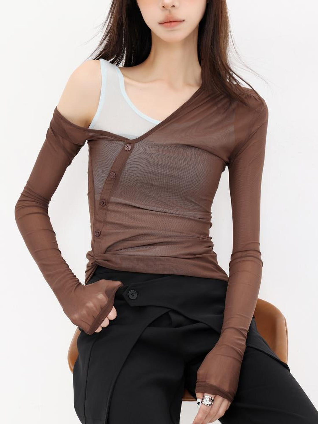 QIUQIU STUDIO Slim Fit Sheer Mesh Spliced V-neck Women&