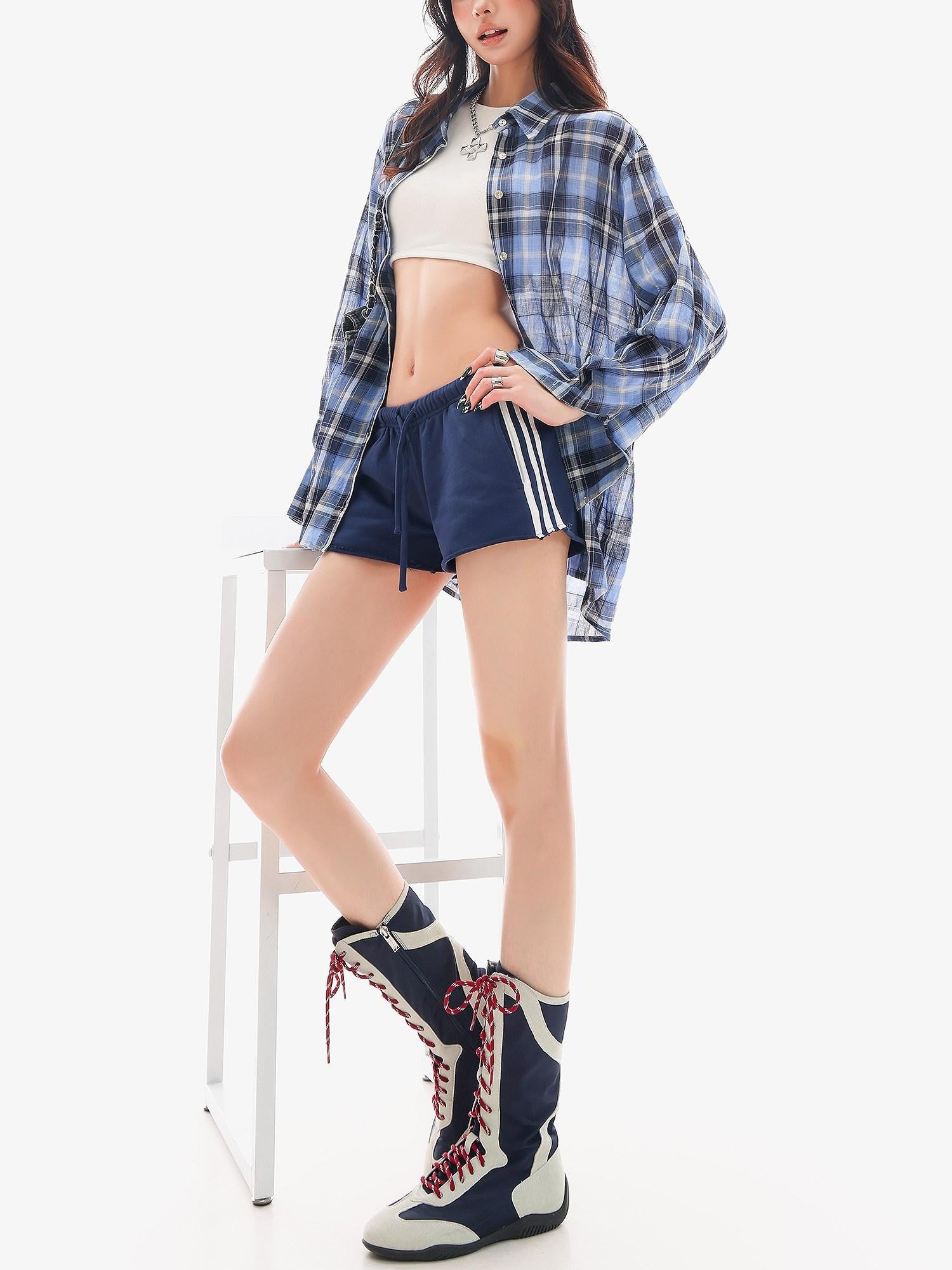 QIUQIU STUDIO Slim Striped Frayed Hem Elastic Waist Pockets Straight Leg Women&