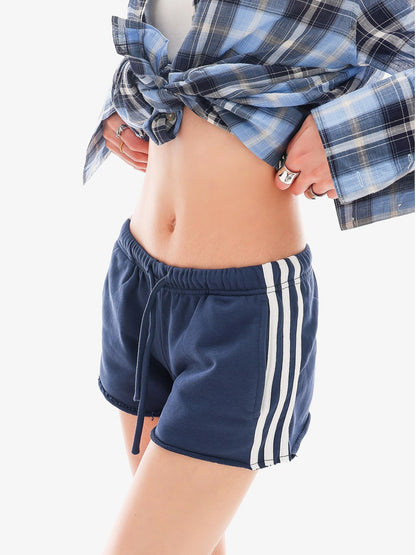 QIUQIU STUDIO Slim Striped Frayed Hem Elastic Waist Pockets Straight Leg Women&