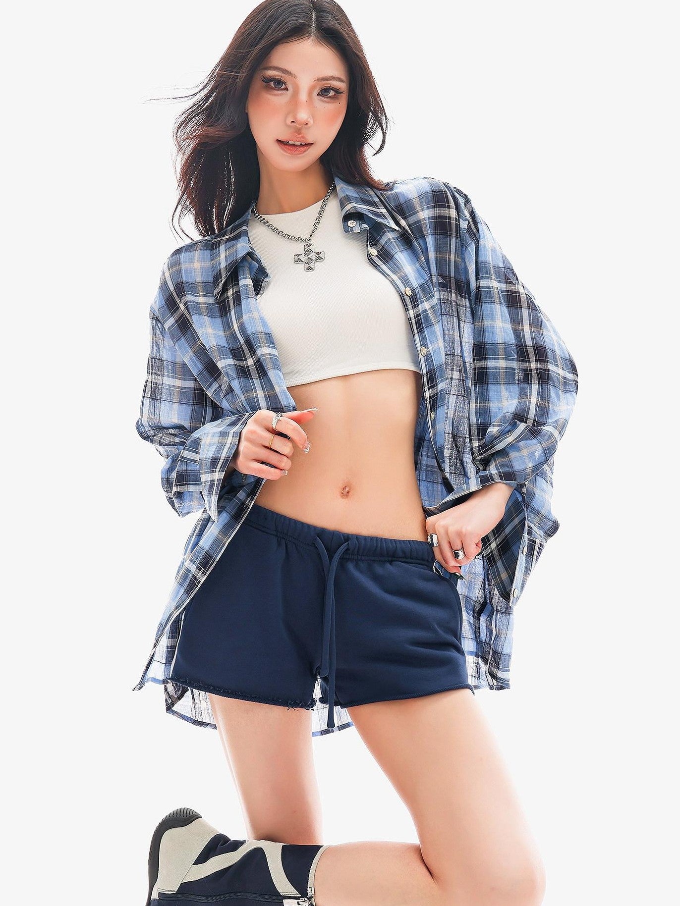 QIUQIU STUDIO Slim Striped Frayed Hem Elastic Waist Pockets Straight Leg Women&