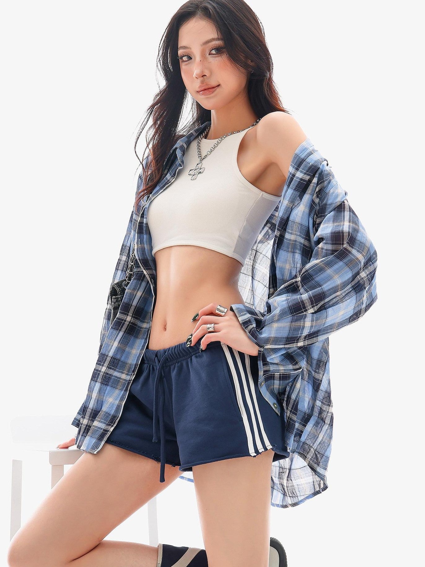 QIUQIU STUDIO Slim Striped Frayed Hem Elastic Waist Pockets Straight Leg Women&
