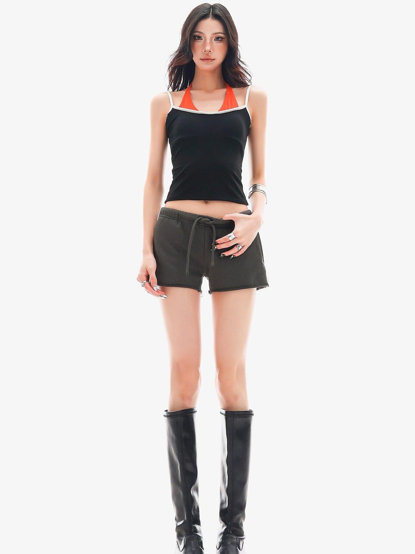 QIUQIU STUDIO Slim Striped Frayed Hem Elastic Waist Pockets Straight Leg Women&