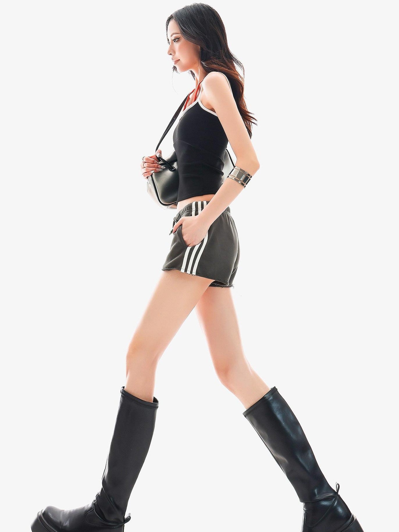 QIUQIU STUDIO Slim Striped Frayed Hem Elastic Waist Pockets Straight Leg Women&