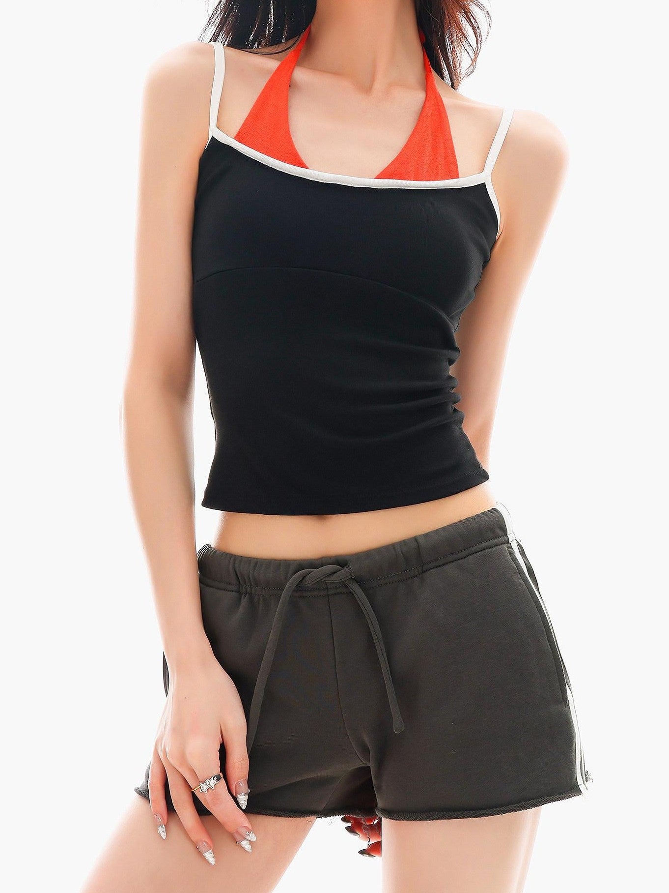 QIUQIU STUDIO Slim Striped Frayed Hem Elastic Waist Pockets Straight Leg Women&