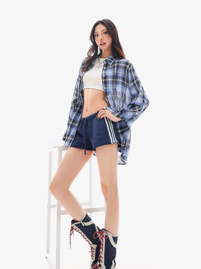 QIUQIU STUDIO Slim Striped Frayed Hem Elastic Waist Pockets Straight Leg Women&